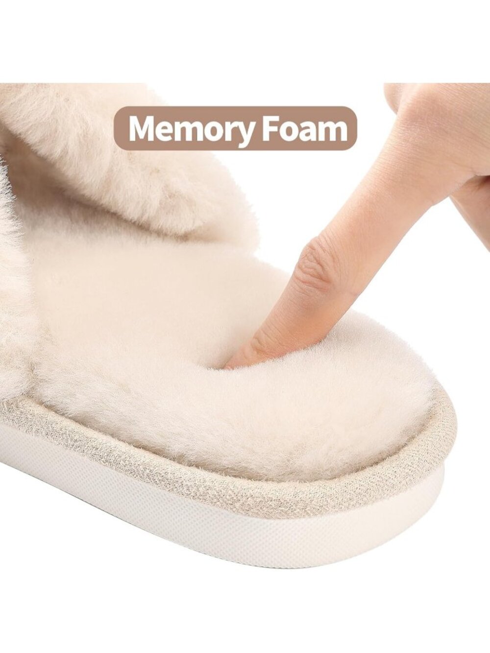 Women's Beige Fuzzy Cross Band Memory Foam House Open Toe Soft Slipper Shoes - Picture 4 of 7